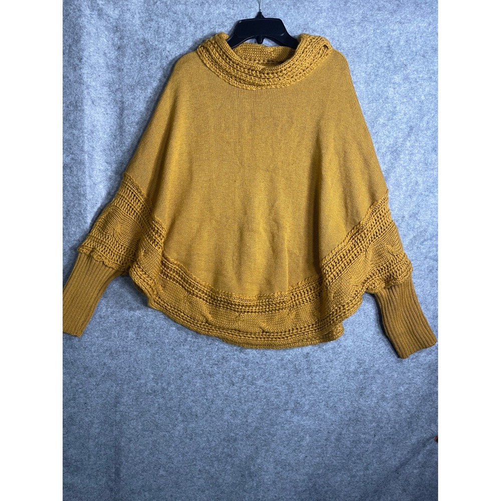 Mustard Yellow Knit Poncho Sweater Cowl Neck Cable Trim Mustard Gold One Size